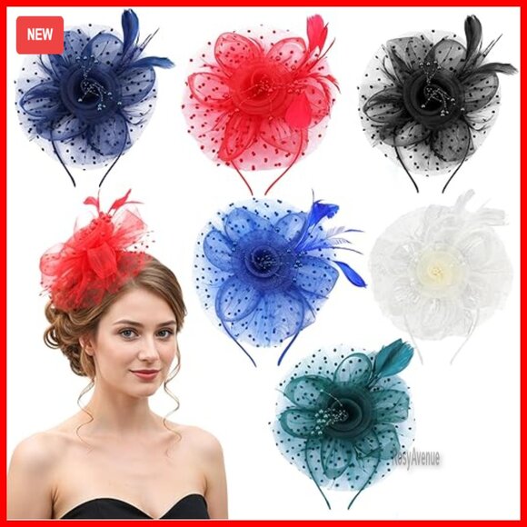 6-Piece Women\'s Fascinator Set with Feathers Mesh Flowers Vintage Style